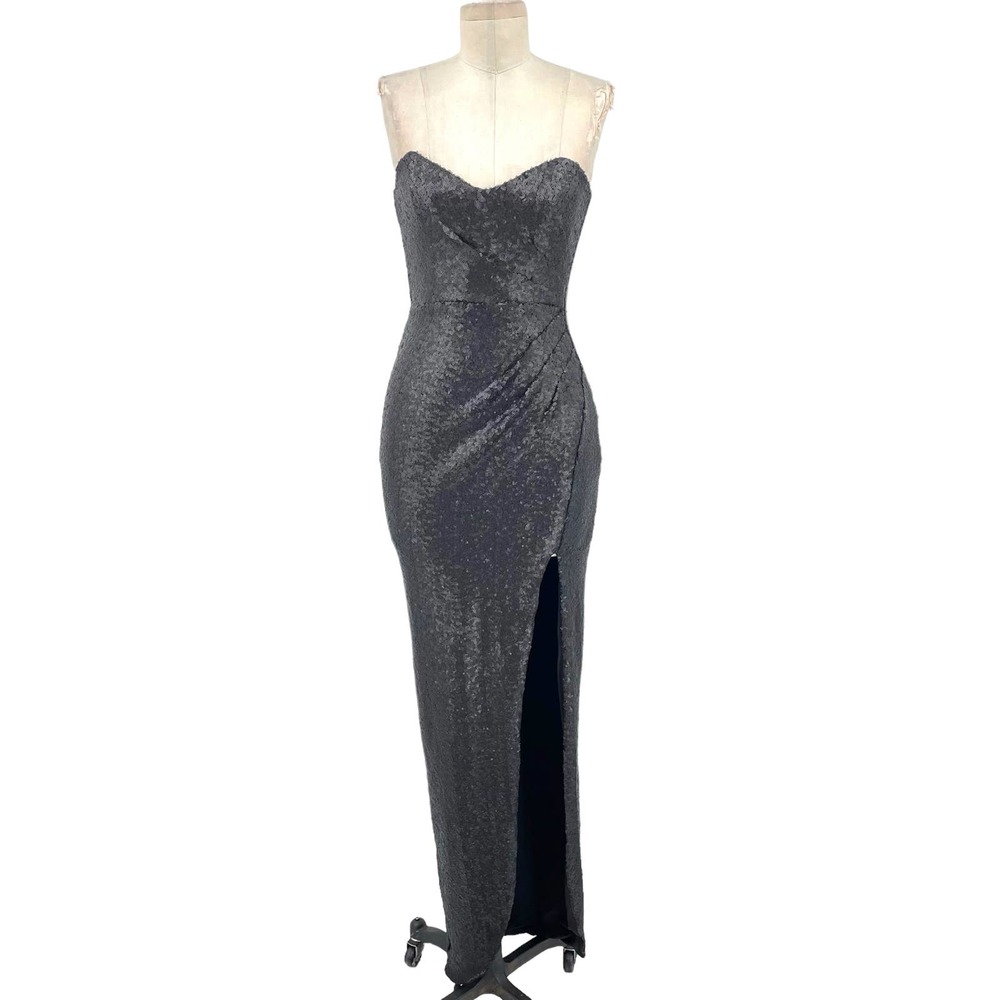 Nookie Black Strapless Sequin Gown with Side Thigh Slit - Picture 2 of 12